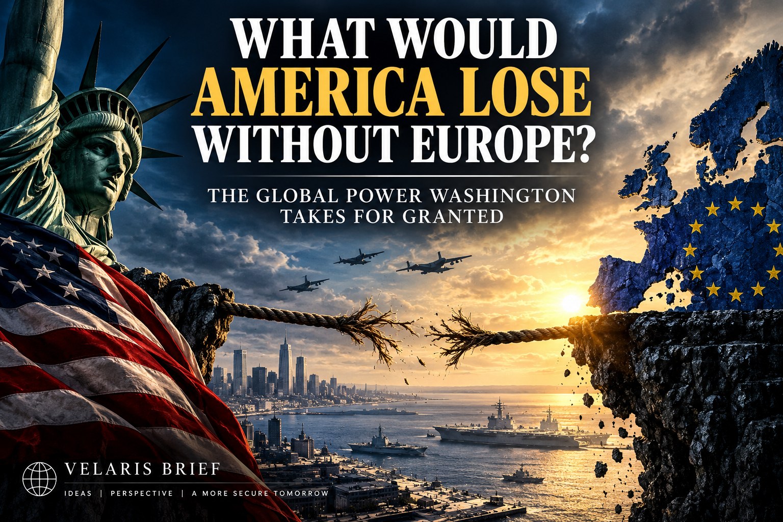 Editorial illustration of the Statue of Liberty and Europe separated by a fraying rope, symbolising strain in the transatlantic alliance.