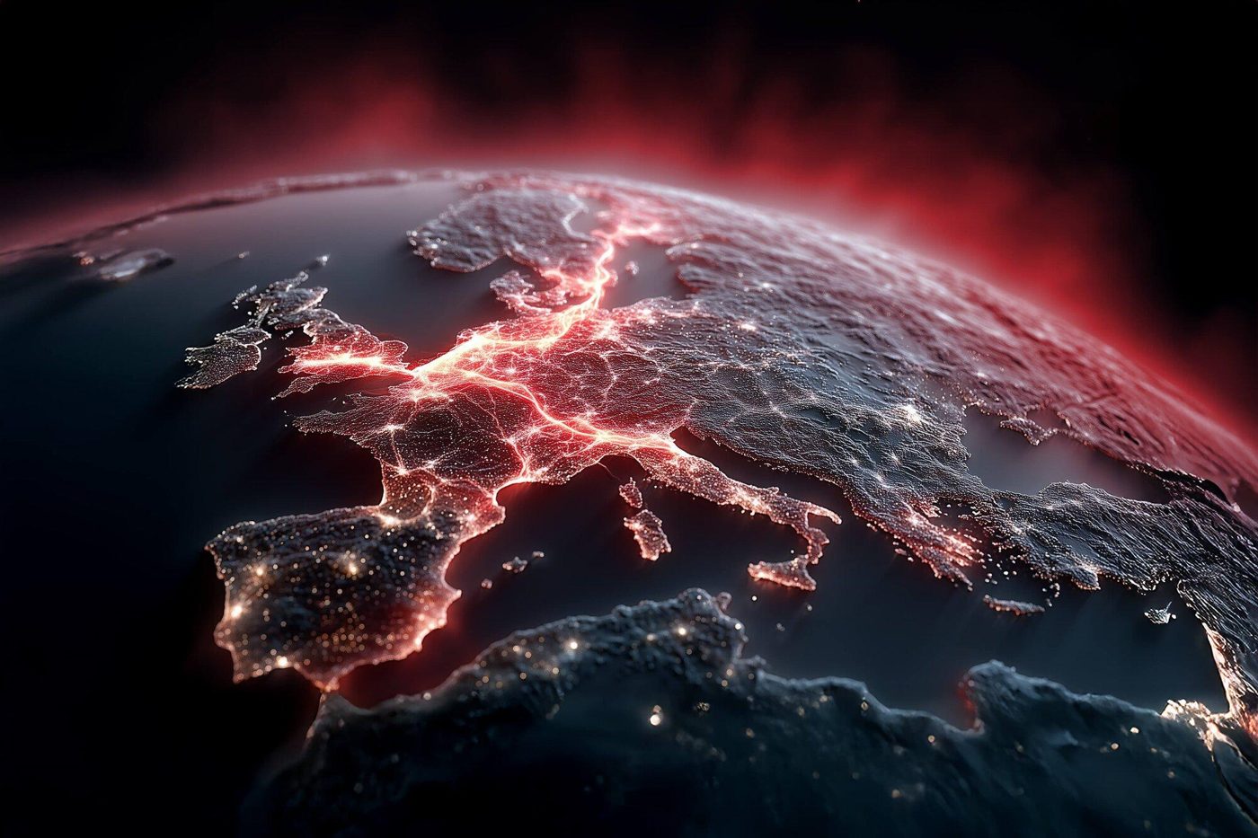 Illustrated night view of Europe from space with glowing red light along densely populated regions