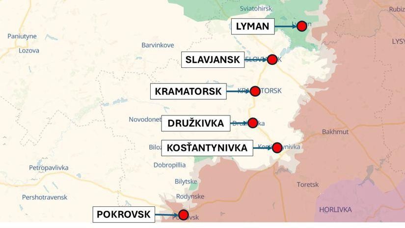 Map of the cities around Ukraine's Fortress Belt in Donetsk Oblast