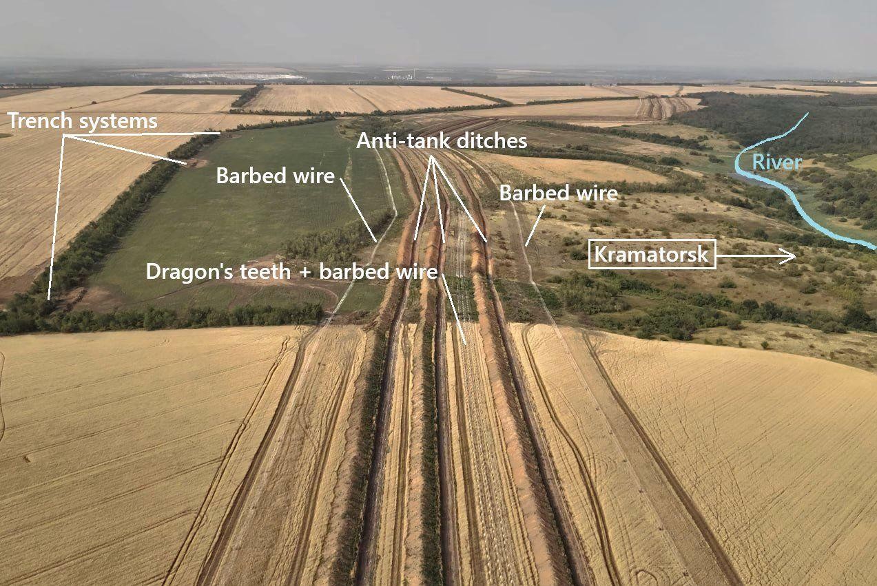 Annotated aerial view of trenches, anti-tank ditches and barbed wire near Kramatorsk