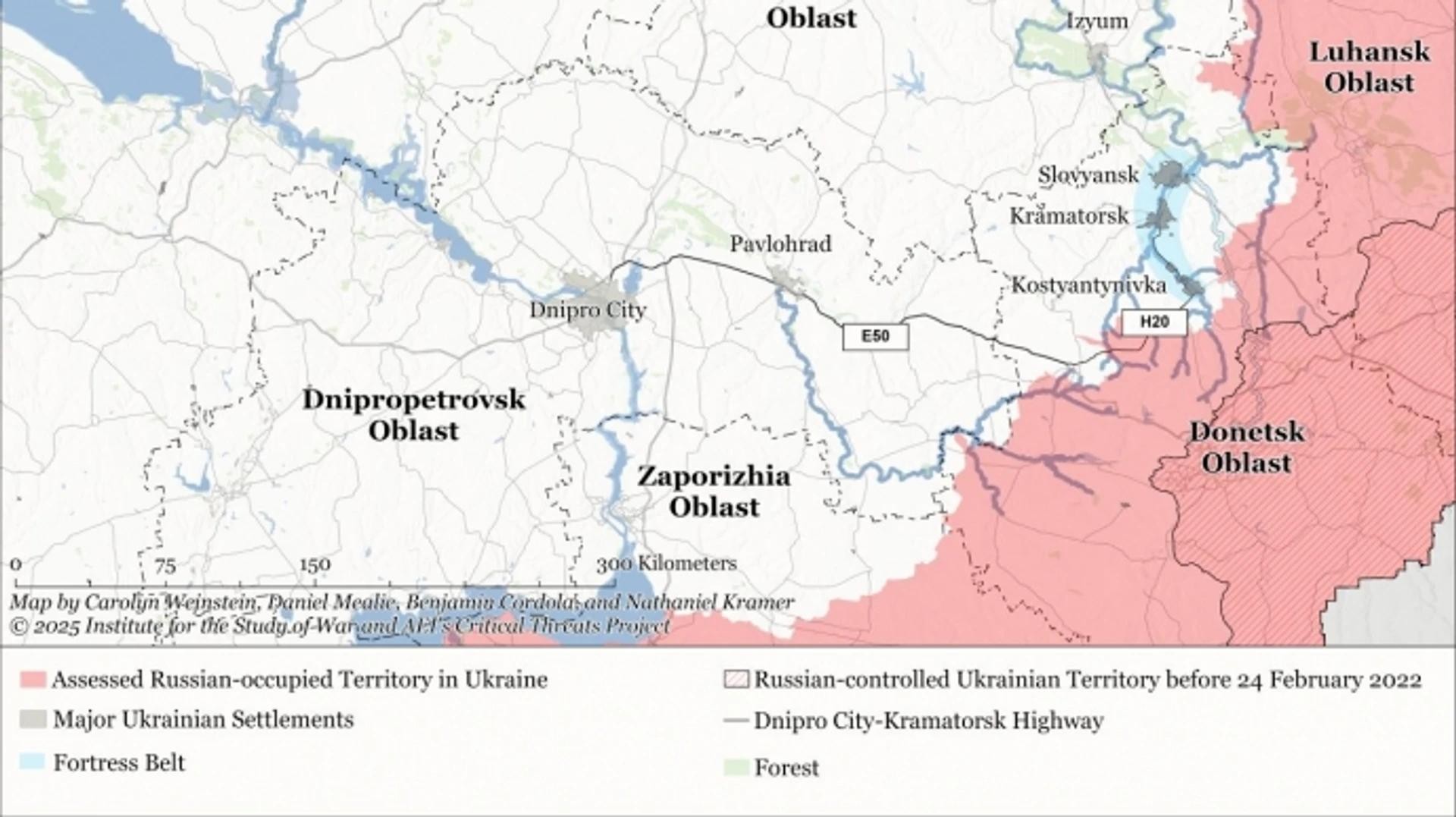Map of Russian-occupied territory in Ukraine with the Fortress Belt marked, ISW 2025
