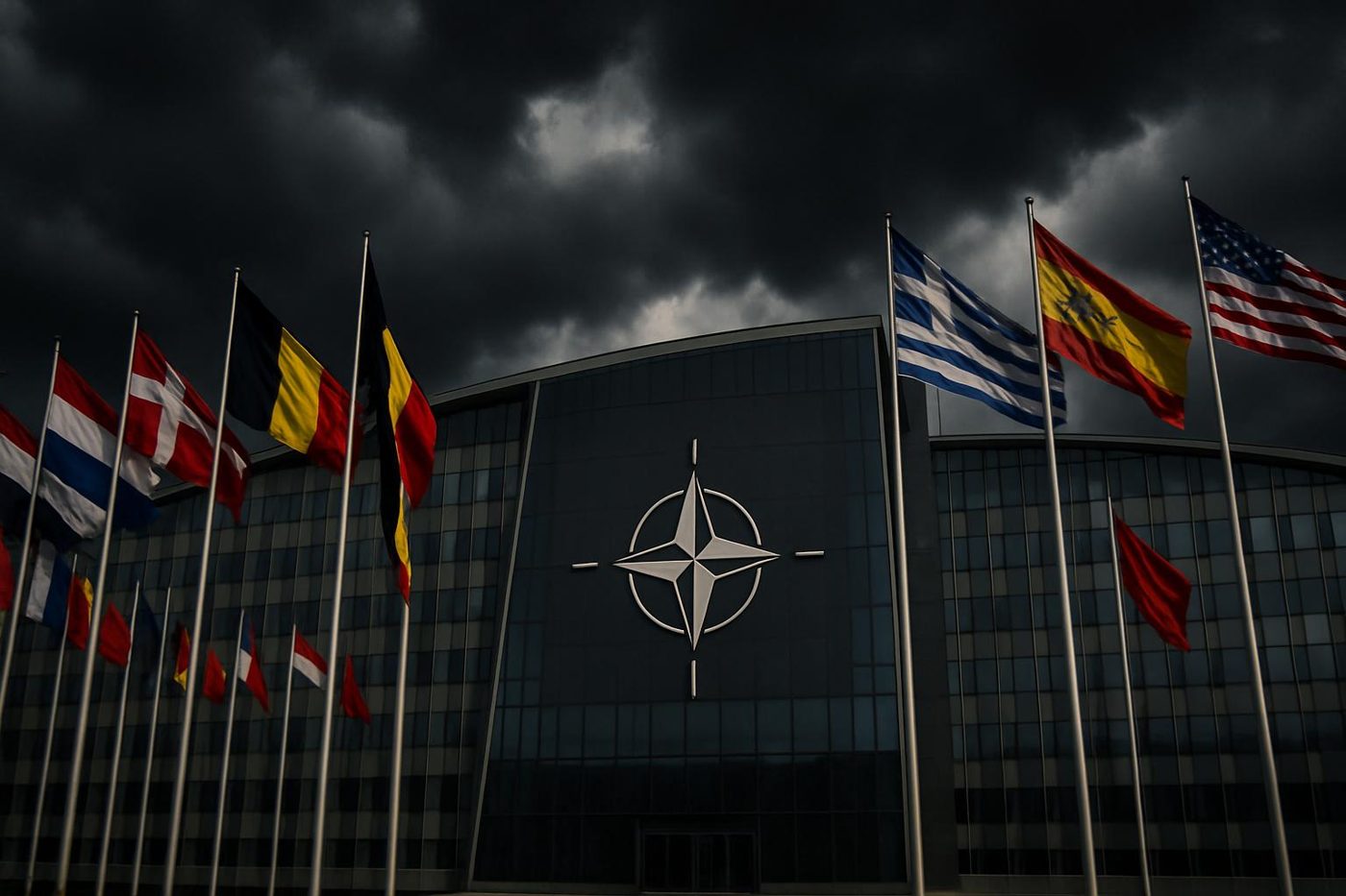 Illustrated view of a NATO headquarters-style building under dark storm clouds, with allied flags in the foreground