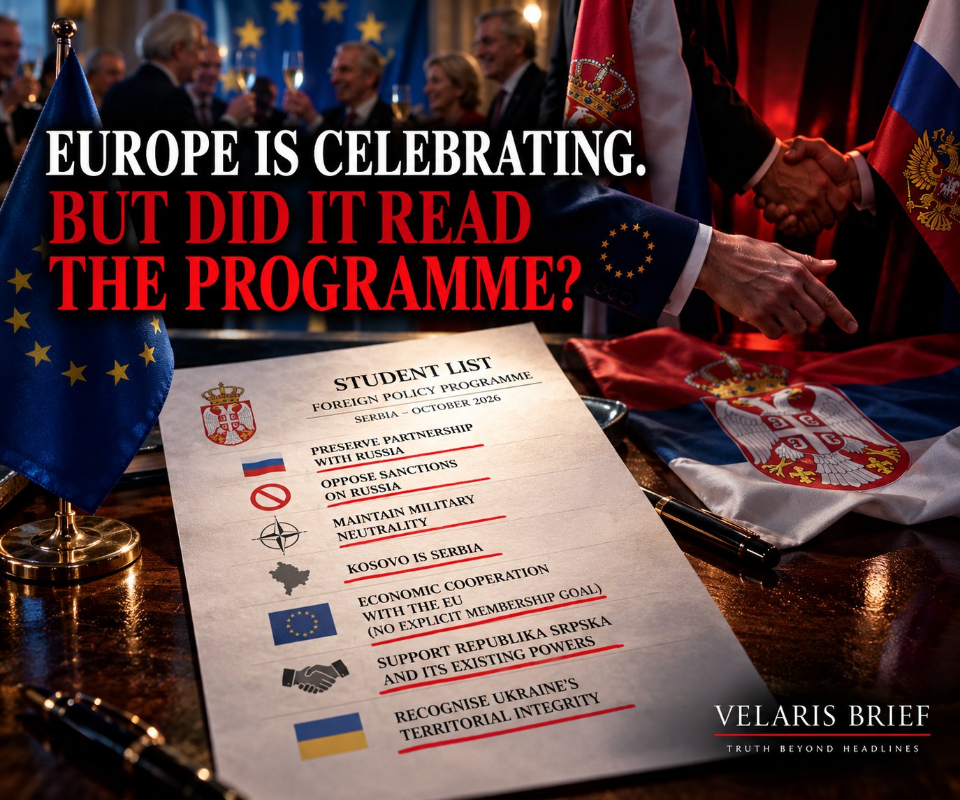 Editorial illustration of EU officials toasting while a Student List foreign-policy programme lies on a table between EU, Serbian and Russian flags.