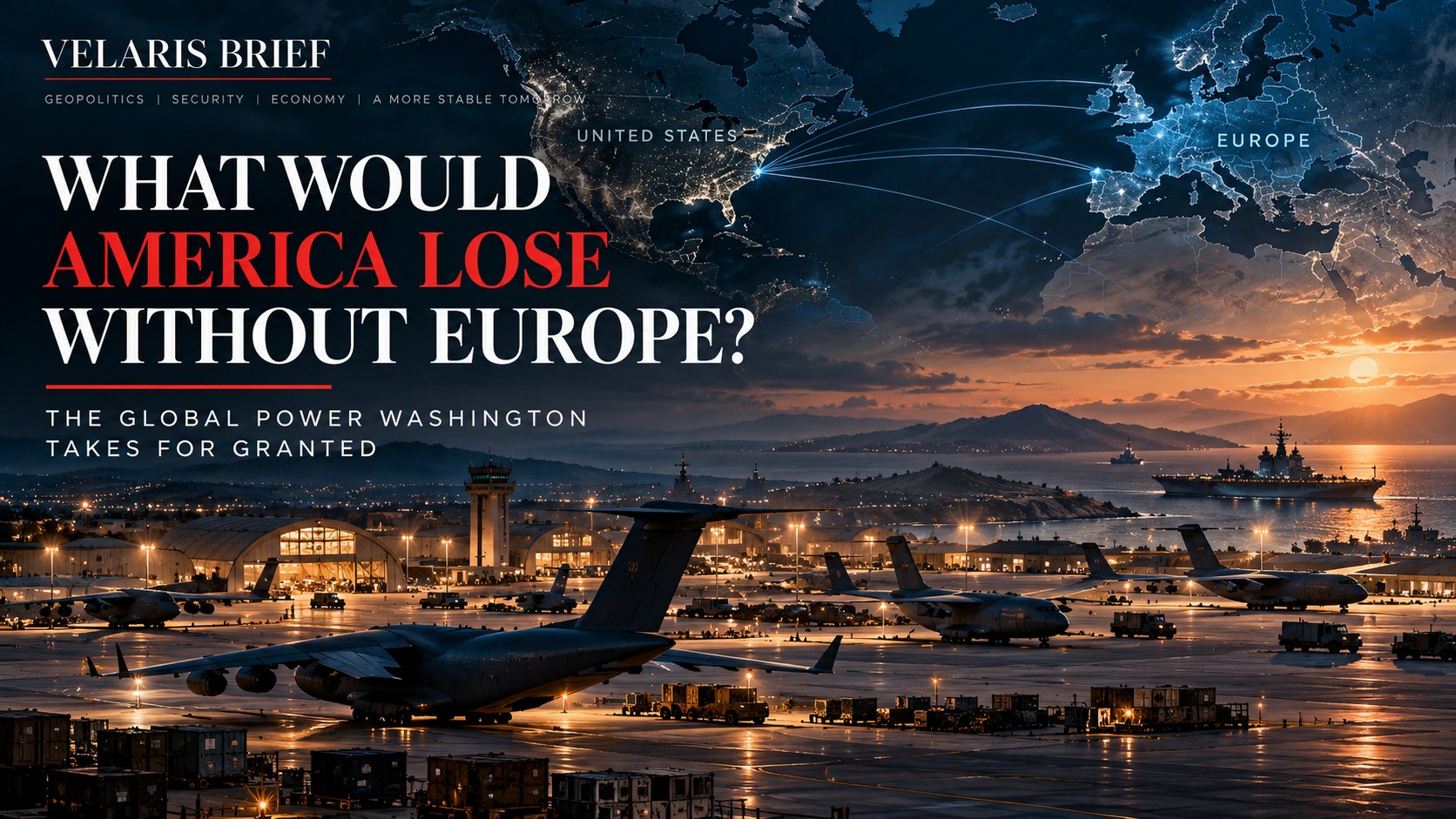 Editorial illustration of military airfields, aircraft and the transatlantic logistics network linking America and Europe
