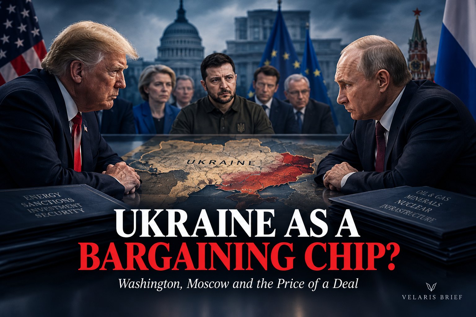 Editorial illustration of Donald Trump and Vladimir Putin facing each other across a map of Ukraine, with Volodymyr Zelensky and European leaders seated behind them.